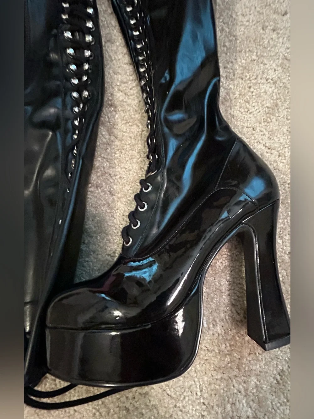 NIB Ellie Olivia+ Black Patent Thigh High Platform Lace Up Boots Size 9